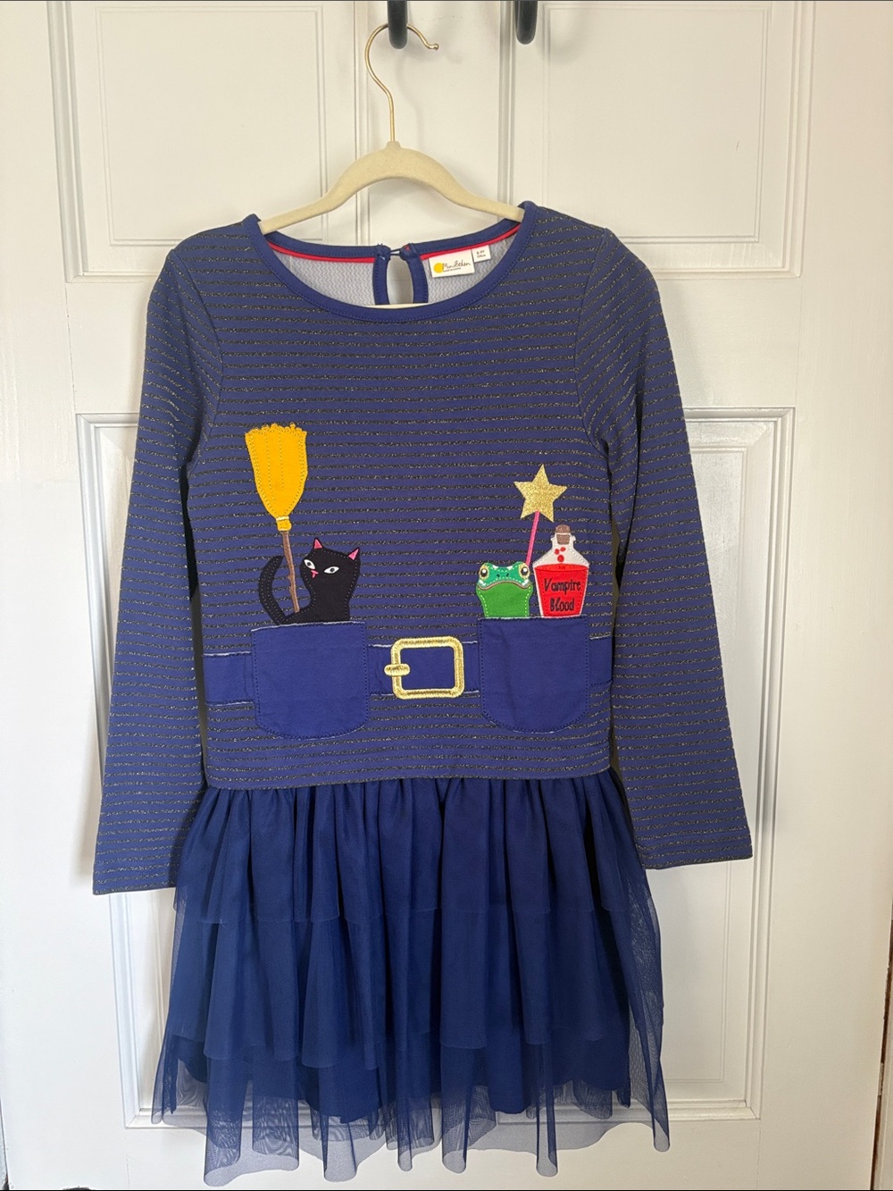 Mini Boden Navy Blue Long-Sleeve Tulle Pocket Dress with Halloween Appliqués